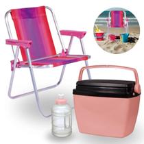 Kit Cooler 6 L Rosa Pessego + Garrafa Termica Mini + Cadeira Rosa Infantil Parques / Lanches