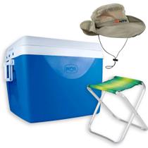 Kit Cooler Azul 75 L Divisoria e Alca + Banqueta + Chapeu com Led Pesca / Camping