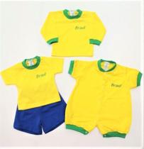KIT COPA - Conjunto do Brasil - Camiseta e Short Infantil e Macacão Curto - Tamanho P / M / G