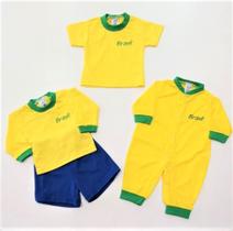 KIT COPA - Conjunto do Brasil - Camiseta e Short Infantil e Macacão Longo - Tamanho P / M / G