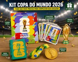 Kit Copa do Mundo 2026 Álbum 5 Pacotes Medalha Chaveiro Taça Porta Figurinhas