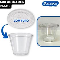 Kit Copo 266ml Pet Cristal Transparente 9 OZ/98 + Tampa Reta Plana COM Furo Bompack - 500 Unidades