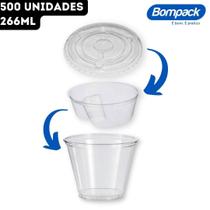 Kit Copo 266ml Pet Cristal Transparente 9 OZ/98 + Tampa Reta SEM Furo + Separador Berço Bompack - 500 Unidades