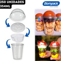 Kit Copo 354ml Pet Cristal 12 OZ/98 + Tampa Bolha SEM Furo + Tampa Reta S/ Furo + Separador Berço Bompack - 250 Unidades