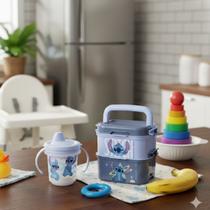 Kit copo bebe mini marmita stitch 280ml 440ml tampa alça bico rigido divisoria