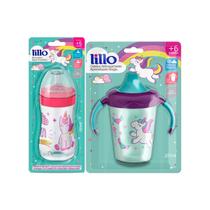 Kit Copo Caneca Antivazamento Aprendizado 207ml Magia Lillo mais Mamadeira Bebê 300ml Evolution
