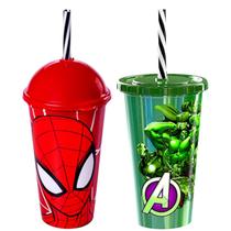 Kit Copo do Hulk e Homem Aranha Infantil com Canudo e Tampa 500ML
