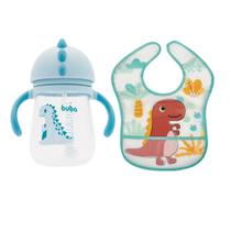 Kit copo e babador para bebe infantil crianças água suco transição treinamento canudo e válvula 240 ml dino buba