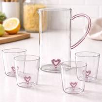 Kit copo e jarra rosa 3D de coração com 5 peças de borossilicato para cozinha jogo conjunto copos fofo coracao 350ml