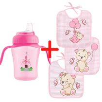 Kit Copo Infantil anti-vazamento Bico Silicone E conjunto 3 Babadores