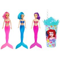 Kit Copo Pequena Sereia Boneca Sereia iluminada 30cm Azul Rosa Roxa