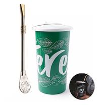 Kit Copo Plástico Tererê Tampa 450ml + Bomba Chimarrão 23cm Aço Niquelado Anel Cuia - Taumer