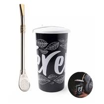 Kit Copo Plástico Tererê Tampa 450ml Preto + Bomba Chimarrão 23cm Aço Niquelado Anel Bojo - Taumer