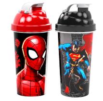 Kit Copo Shake Shakeira Homem Aranha e Super Homem Tampa Rosca e Misturador