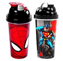 Kit Copo Shake Shakeira Homem Aranha e Super Homem Tampa Rosca e Misturador
