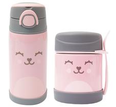 Kit Copo Térmico 400ML e Pote Térmico 320ML Com Talher Gumy Rosa - Parede Dupla em Aço Inoxidável - Buba