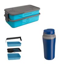 Kit Copo Térmico 650ml + Marmita com Talheres Livre BPA Azul