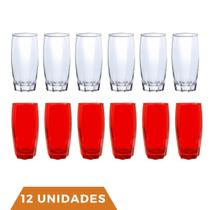 Kit Copo Vidro 370ml 6 Vermelho/ 6 Transparente Florida Kit Copo Vidro 370ml 6 Vermelho/ 6 Transparente Florida
