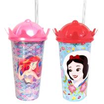 Kit Copos com Canudo Shake Princesas Disney Pequena Sereia e Branca de Neve 500ml