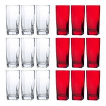 Kit Copos de Vidro 320ml 9 Vermelho / 9 Transparente Texas Kit Copos de Vidro 320ml 9 Vermelho / 9 Transparente Texas