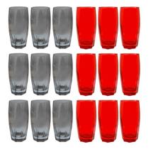 Kit Copos de Vidro 370ml 9 Vermelho / 9 Cinza Florida Kit Copos de Vidro 370ml 9 Vermelho / 9 Cinza Florida