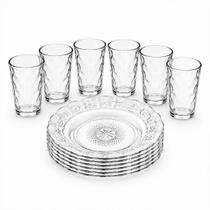 Kit Copos e Pratos de Vidro 12 ou 24 Peças para Mesa Posta Sobremesas e Bebidas