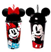 Kit Copos Shake do Mickey e Minnie Mouse com Orelhas Tampa e Canudo 500ML - Plasútil