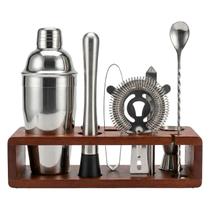 Kit Coqueteleira Com 10 Peças Para Caipirinha Inox Suporte Bambu Homebar