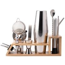 Kit coqueteleira em aço inox e suporte de bambu 17 peças