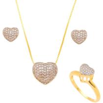 Kit Coração Cravejado - Colar Anel E Brinco