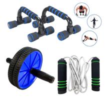 Kit Corda de Pular + Barra flexão de chão + Roda abdominal Exercícios em Casa