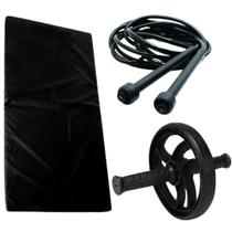 Kit Corda De Pular Regulável + Colchonete Espuma 20mm + Roda Rodinha Abdominal Para Academia Exercícios Funcional Treino De Abdomen