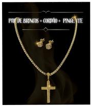 KIT CORDÃO + PINGENTE + PAR DE BRINCOS CRAVEJADOS - BANHADO OURO 18k