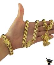 Kit Cordão Pingente Pulseira Banhado A Ouro Friso Dupla Face