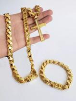 Kit Cordão Pingente Pulseira Banhado a Ouro Friso Dupla Face