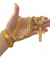 Kit Cordão Pulseira Pingente 13mm Grumet Banhado A Ouro 18k