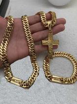 Kit Cordão Pulseira Pingente 13mm Grumet Banhado A Ouro 18k