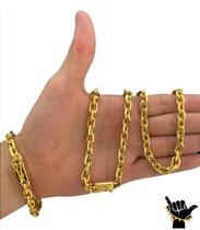 Kit Cordão Pulseira Pingente Banhado A Ouro 18K Cadeado 8Mm