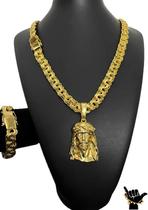 Kit Cordão Pulseira Pingente Banhado A Ouro 18K Friso 12Mm