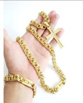 Kit Cordão Pulseira Pingente Banhado A Ouro 18K Modelo Friso