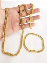 Kit Cordão Pulseira Pingente Banhado Ouro 18K Grumet Lacraia