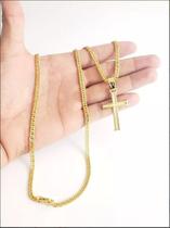 Kit Cordão Pulseira Pingente Banhado Ouro Grumet Elos Duplos