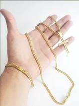 Kit Cordão Pulseira Pingente Banhado Ouro Grumet Elos Duplos