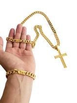 Kit Cordão Pulseira Pingente Cruz 10mm PitBull Banhado Ouro Kit Cordão Pulseira Pingente Cruz 10mm PitBull Banhado Ouro