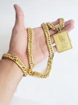 Kit Cordão Pulseira Pingente Cruz Banhado Ouro Modelo Grumet