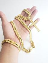 Kit Cordão Pulseira Pingente Cruz Banhado Ouro Modelo Grumet