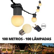 KIT Cordão Varal de Luz Festão 100 Metros com 100 Lâmpadas Branco Quente Bivolt - LED Force