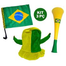 Kit Corneta Vuvuzela Chapéu Cartola e Bandeira do Brasil 3pç