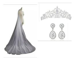Kit Coroa Brincos Véu 3 Metros 2 Camadas Noiva Tiara KB1