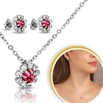 Kit Corrente Colar Brinco Prateado Flor Com Pedras Zircônia Rosa Kit Corrente Colar Brinco Prateado Flor Com Pedras Zircônia Rosa